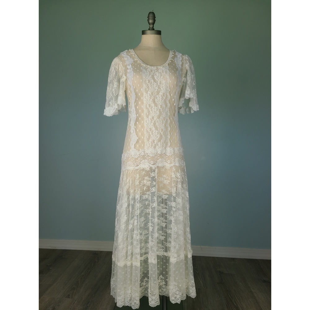 VTG‎ 70s Handmade Lace Wedding Dress Drop Waist Romantic Gibson Girl Art Nouveau
